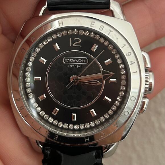 Women's Coach Boyfriend Black Patent Leather Strap Crystal Dial Watch Large - Picture 1 of 12